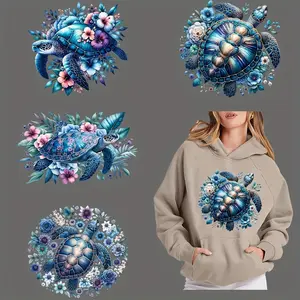 6 Piece Tropical Turtle DIY Transfer Stickers, Vibrant Blue Sea Turtle Floral Design, Washable Heat Transfer for T-Shirts Masks Jeans Backpacks