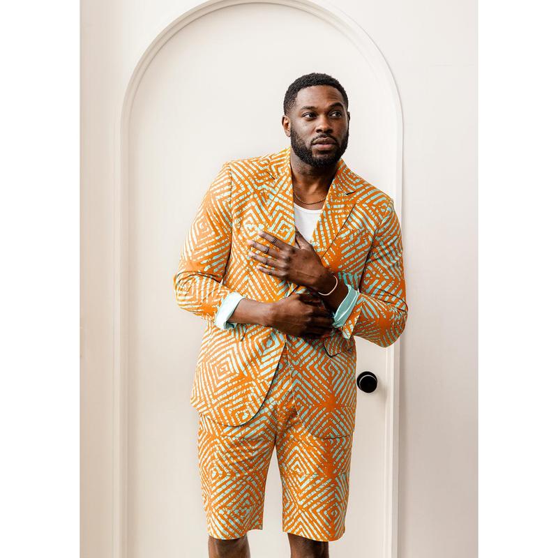 Hami Men's African Print Lightweight Blazer (Orange Blue Adire)