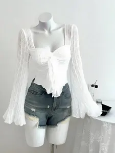 “Square Neck Ruffled Bell-Sleeve Blouse | Tie-Front Corset Crop Top – 2025 TikTok Viral Coquette Aesthetic! Sheer Textured Fabric, Feminine Ruffle Detail 🌸 Perfect for #OOTD, #SoftGirlVibes, #Y2KRevival. Stylish for Brunch, Dates or Nights Out – Sh