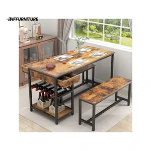 High quality  For 4 6 People 54.7 Kitchen Dinner 2 Bench Dining Room Set Storage Drawer Shelf 3 Piece Breakfast Nook Table With Wine Rack Glass Holder Cloakroom Decor