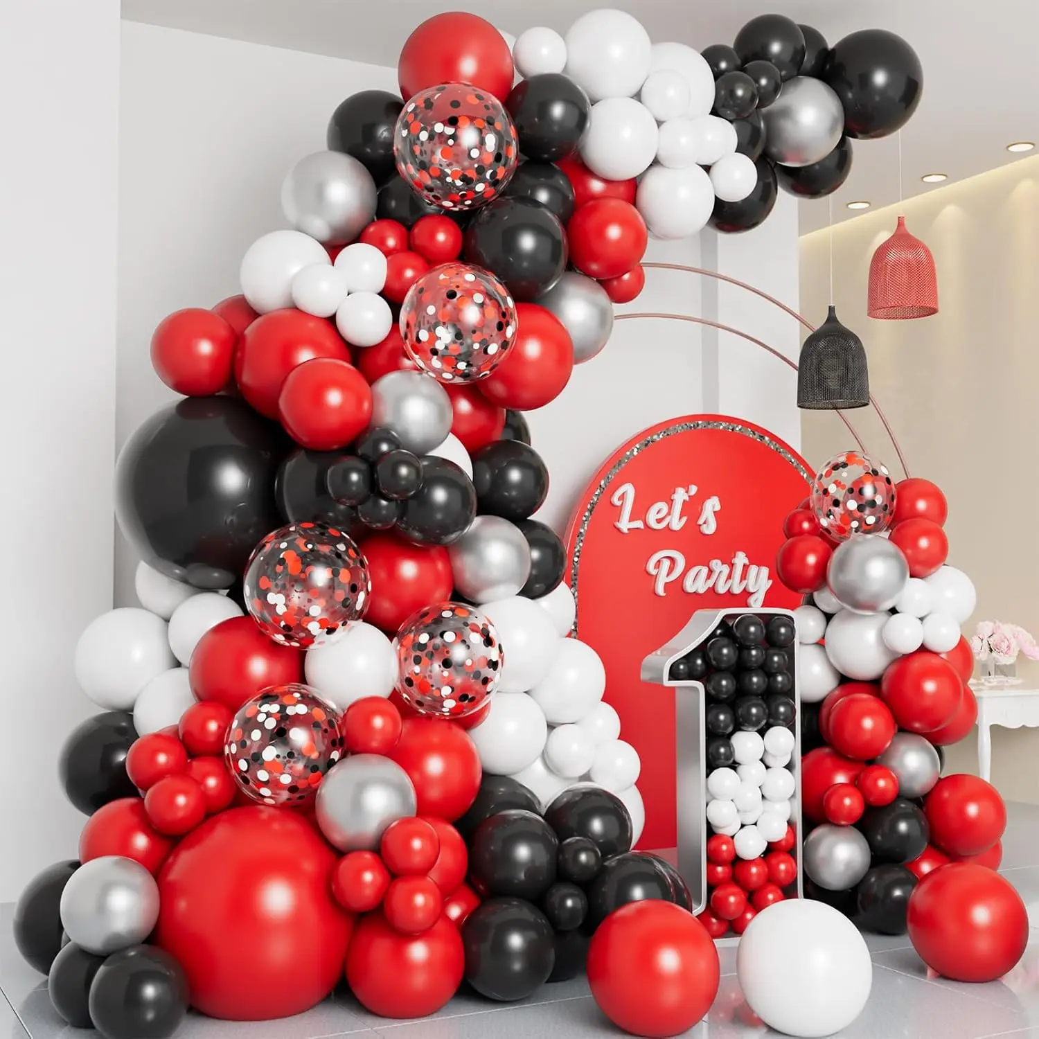 Thick Balloon Garland Arch Kit with Multiple-Size Red, Black, White, Silver Confetti Balloons for Birthday, Wedding, Graduation Party Decorations