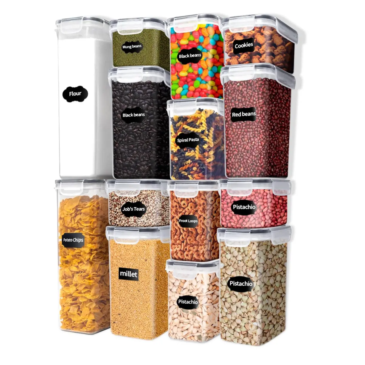 14 Pcs Multi-Size Rectangular BPA-Free Plastic Food Storage Containers with Airtight Lids, Modern Snack Containers for Kitchen Pantry Cereal & Dry Food Organization to Preserve Freshness, Stackable Multicolor