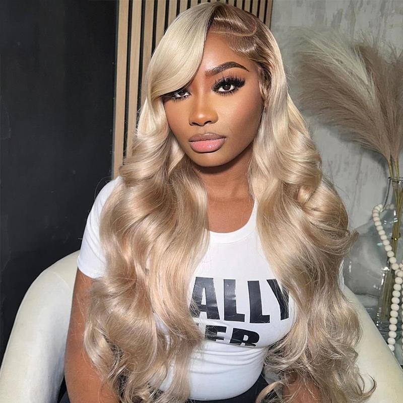 Ombre Ash Blonde Body Wave Lace Frontal Wig Virgin Human Hair Wig 13X6 HD Transparent Lace With Elastic Strap 180% Density Highlight Ash Blonde Milk Tea Colored Wig Natural Hairline For Woman