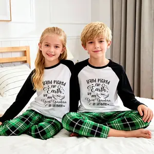 Kids’ Long-Sleeve Pajama Set (Top & Pants) with “Hand Picked for Earth by Grandma” Print, Green Plaid Pants, Soft & Skin-Friendly