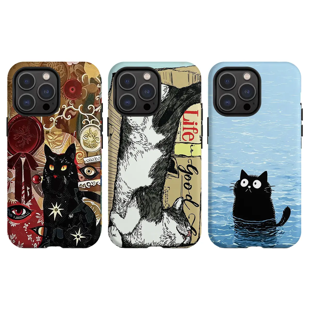 Watercolor Cat Phone Case – Artistic Black Cat in Flowers, Funny Sleeping Cat in Box & Cute Cartoon Cat in Blue Water – Aesthetic Protective Cover for iPhone, Samsung, Gift for Cat Lovers