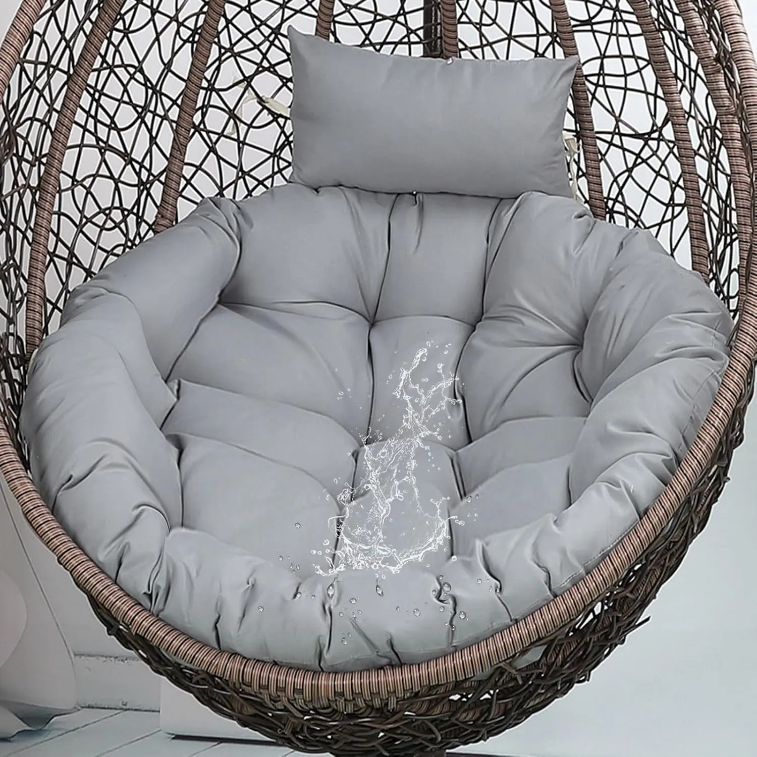 Swing Egg Chair Cushion Replacement Waterproof With Washable Cover 45x45 IN | Light Grey Large Round Hanging Chair Cushions with Ties ,Thicken Wicker Egg Chair Cushion Outdoor with Headrest Pillow