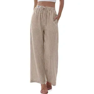 Womens Linen Striped Gingham Wide Leg Pants Palazzo Drawstring Lounge Pants Casual Trousers with Pockets