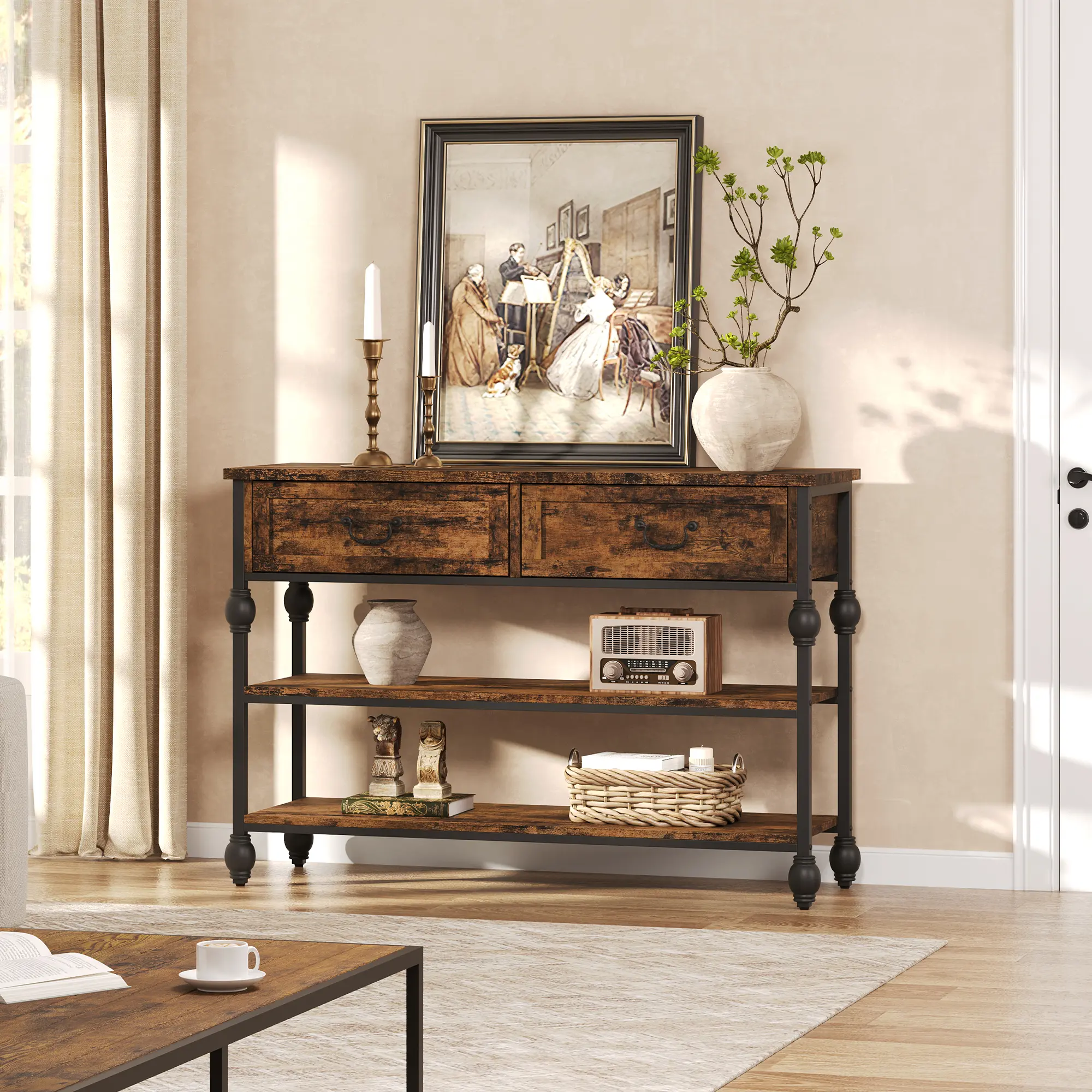 Roman Column Console Table with 2 Drawers Entryway Table with Storage Freestanding Narrow Sofa Table Behind Couch for Living Room Hallway Entrance Foyer Retro Brown