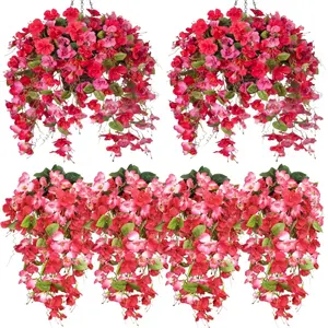 2 Pcs Fake Hibiscus Flowers Artificial Hanging Flowers Plants Outdoors Realistic UV Resistant Spring Summer Decor Red Pink Silk Faux Hibiscus Flower Trailing Vines for Front Door Porch Outside Peonies