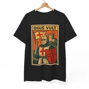 Women's Crusader Knight Culture Graphic T-Shirt -       Black Short Sleeve Crew Neck Regular Fit Casual Wear | Soft & Breathable Fabric, Durable Print, Everyday Comfort, Machine Washable, retro comic A knight in armor holding a sword and shield with