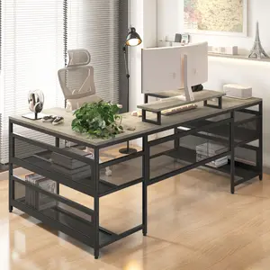 ARCH U Shaped Desk with Power Outlets & LED Strip & Monitor Stand, L Shaped Desk with Storage Shelf, Home Office Gaming Desk, Vintage