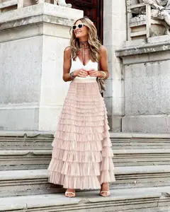 Women's Plain Ruffle Hem Tiered Layer Skirt, Elegant Aesthetic High Waist Long Skirt for Vacation Holiday Party, Ladies Bottoms for All Seasons, Long Skirt Women