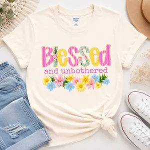 Women's Blessed & Unbothered Short-Sleeve Round Neck Casual T-Shirt, Women's Casual Top