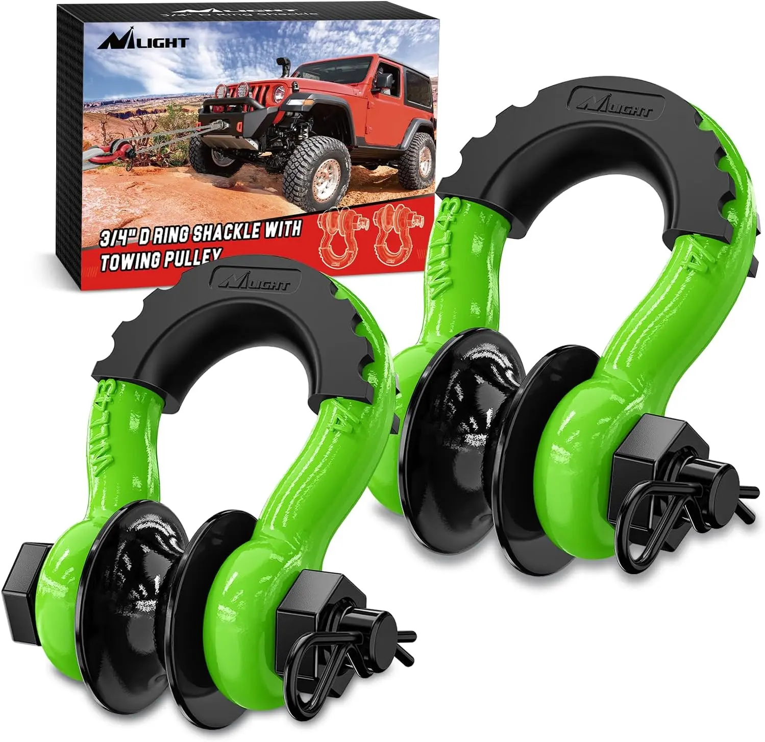 Nilight 2-Pack 3/4” D-Ring Shackle & Pulley Combo Kit - 4.75T Off-Road Recovery Hardware with Quick Connect Couplers for Winch Lines, Vehicle Towing, Static Climbing Rope, Durable Nylon Rope Tension Rope Steel Wire Braided