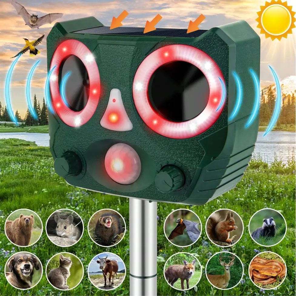 SAIJZEK Solar Ultrasonic Soundwave Animal Repellent - Outdoor Pest Control Accessory with Motion Sensor, Strobe Light, Easy Installation, 110x100x82mm 320g ABS Plastic for Farm, Chicken Coop, Vole, Bat, Raccoon Repellent (Home Pest Control Supplies), Vole