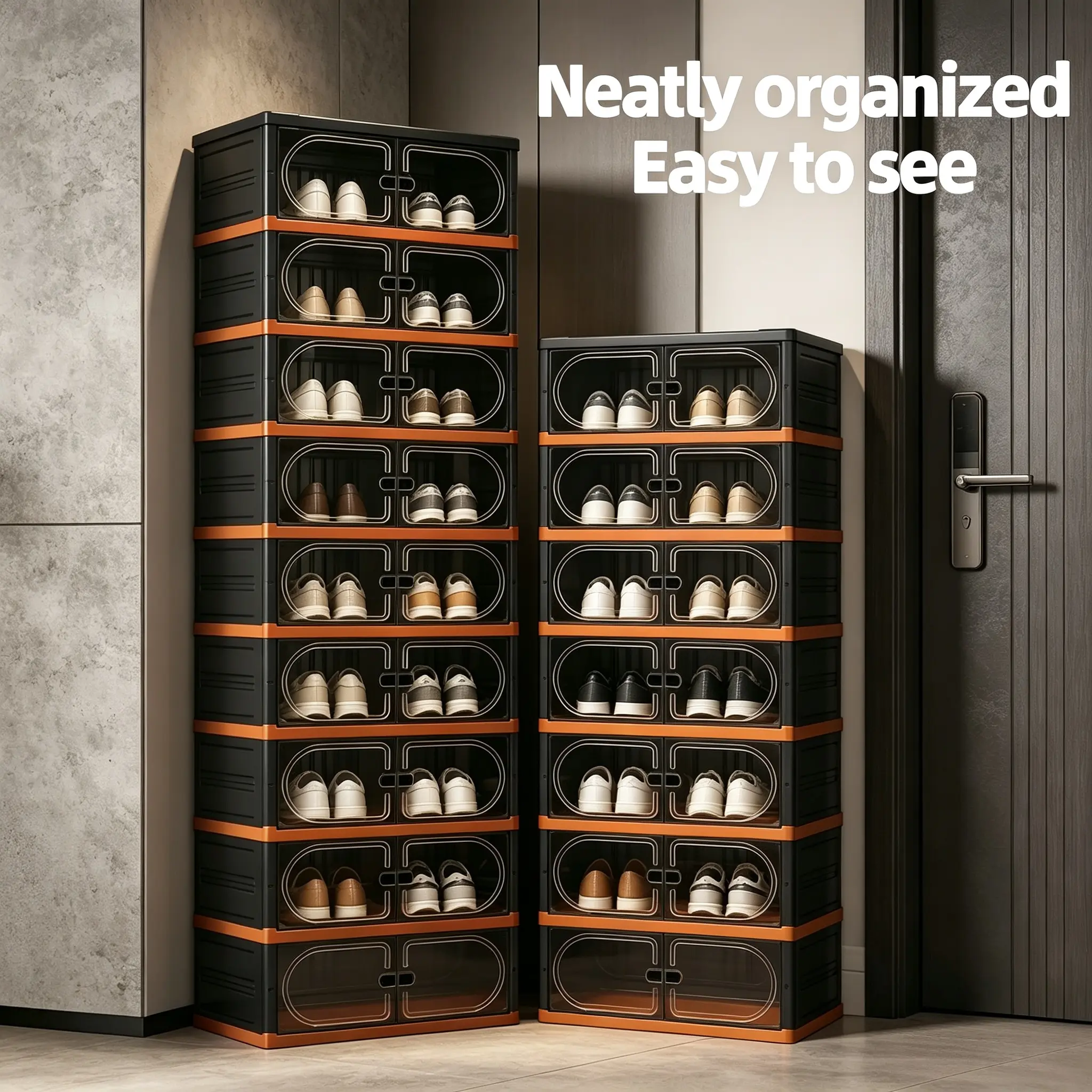 Stackable foldable shoe storage organizer cabinet with transparent front plastic shoe boxes, large-capacity dustproof shoe rack, space-saving shoe storage device suitable for entryways, bedrooms, hallways and sneakers.