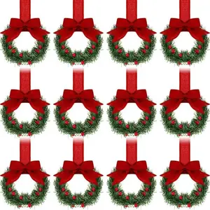 12 Classic Christmas Wreaths with Ribbon, Mini Holiday Decorations for Cabinets, Doors, Windows, Hanging Ornaments