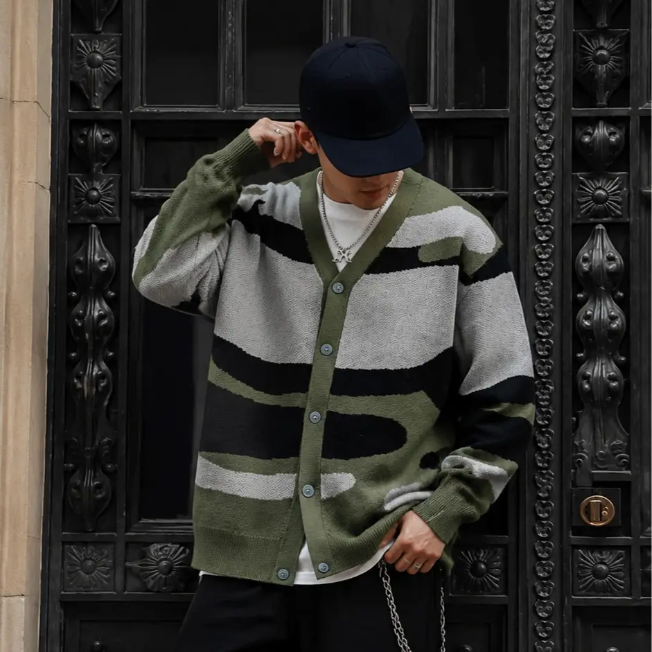 Men's Oversized Knit Cardigan Sweater Vintage Grunge Abstract Camo Striped V Neck Button Down Top Y2K Streetwear Casual Fall Winter Cozy Warm Outerwear Trendy Indie Retro Aesthetic Loose Fit Jumper Harajuku Fashion Knitwear Mens Clothing Menswear