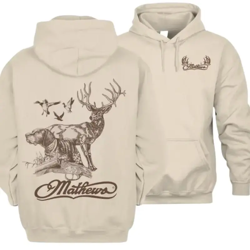 Mathews Menswear Crewneck Long Sleeve Casual Tops, Unisex Hunting Dog & Buck 2-Side Bowhunting Graphic Hoodie, Outdoor Hunter Outfit - KitchenEra Sweatshirt Cotton