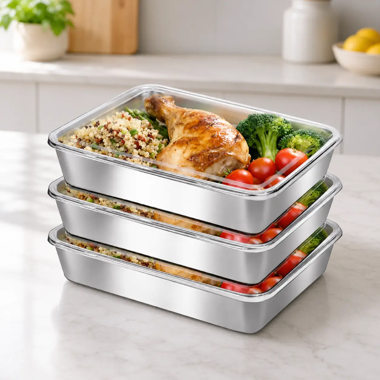 Stainless Steel Food Storage Containers with Clear Lids, Stackable Reusable Meal Prep Containers for Lunch, Leftovers, Meat, Vegetables, Refrigerator, Freezer and Kitchen Organization