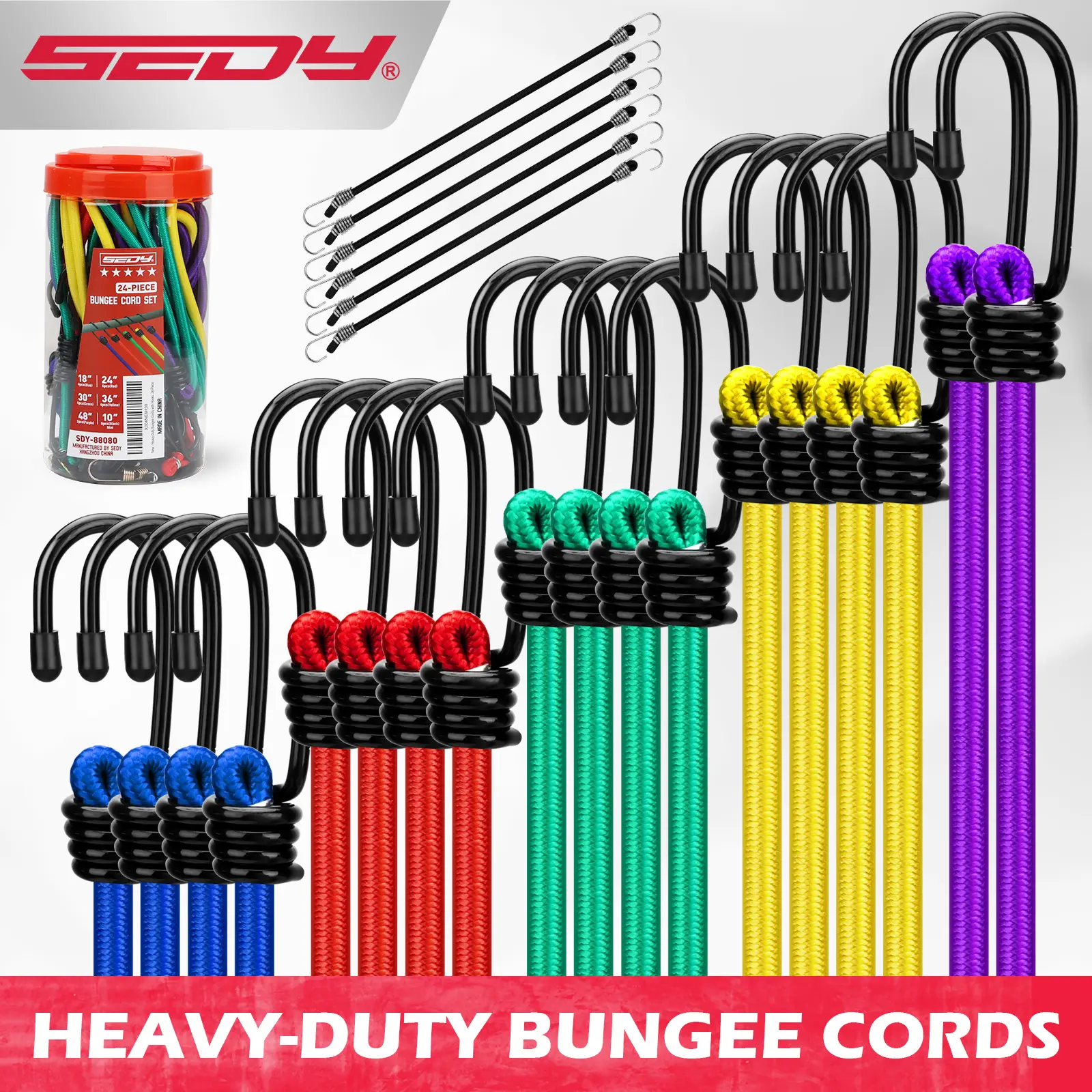 24-Piece Premium Bungee Cords Heavy Duty Outdoor, Bungee Cords with Hooks in a Storage Jar Includes 10", 18", 24", 30", 36", 48" Bungie Cord Bundle Assortment for Camping, Tent, Fastening Items
