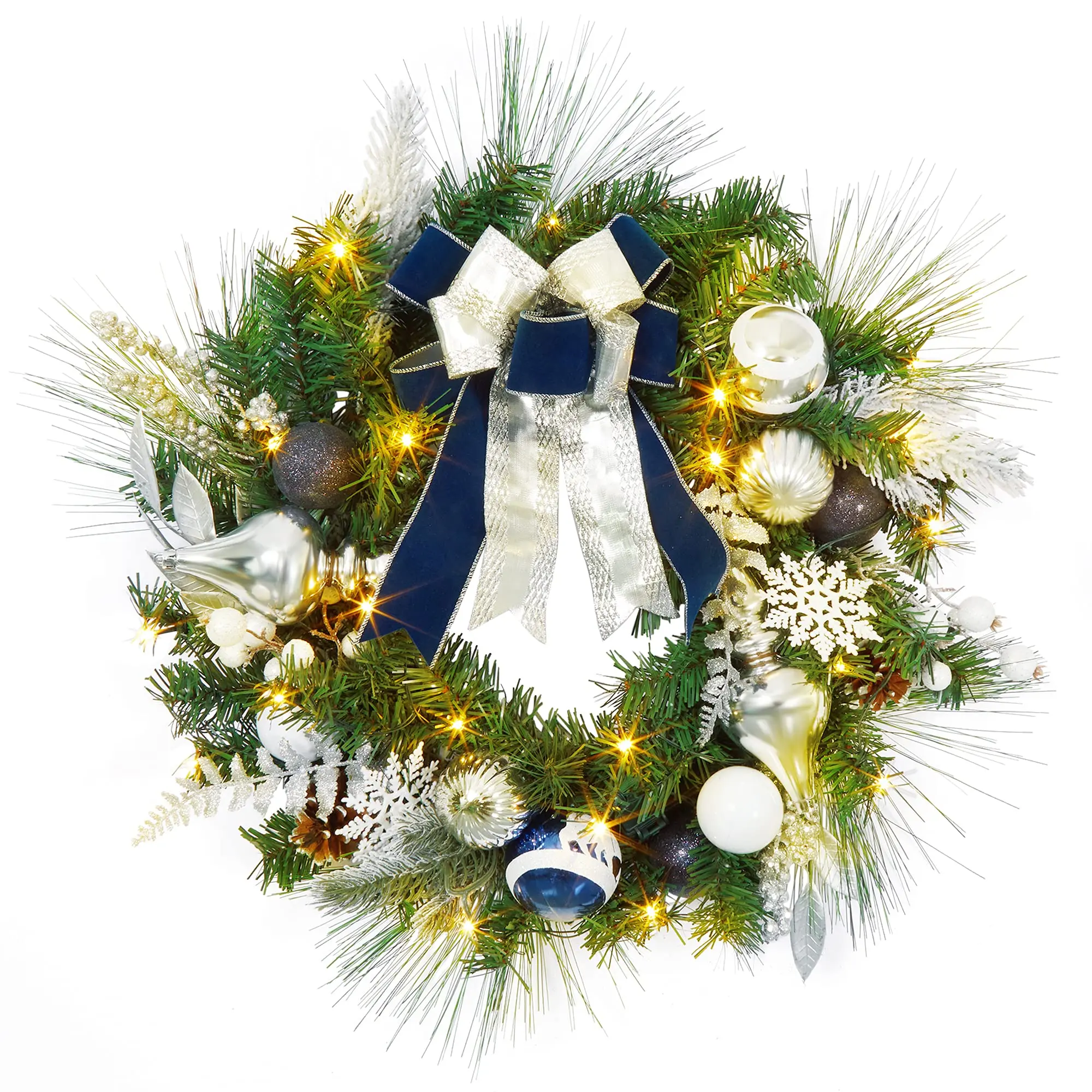 【Christmas Gift】24" Pre-Lit Christmas Wreath with 20 Lights - Blue & Silver Wreath with Ornaments, Pine Cones, Berries, Bows & Snowflakes for Indoor/Outdoor Decor