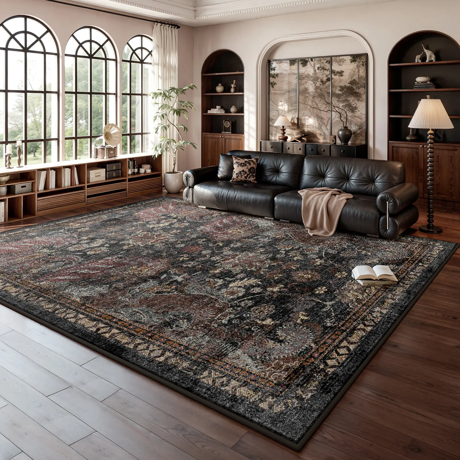 RUGIXE Faux Cashmere Washable Black Persian Area Rug 5x7 8x10, Heavyweight Soft Low Pile Rug with TPR Non Slip Backing, Foldable Durable Vintage Medallion Carpet for Living Room Bedroom Entryway Dining Room