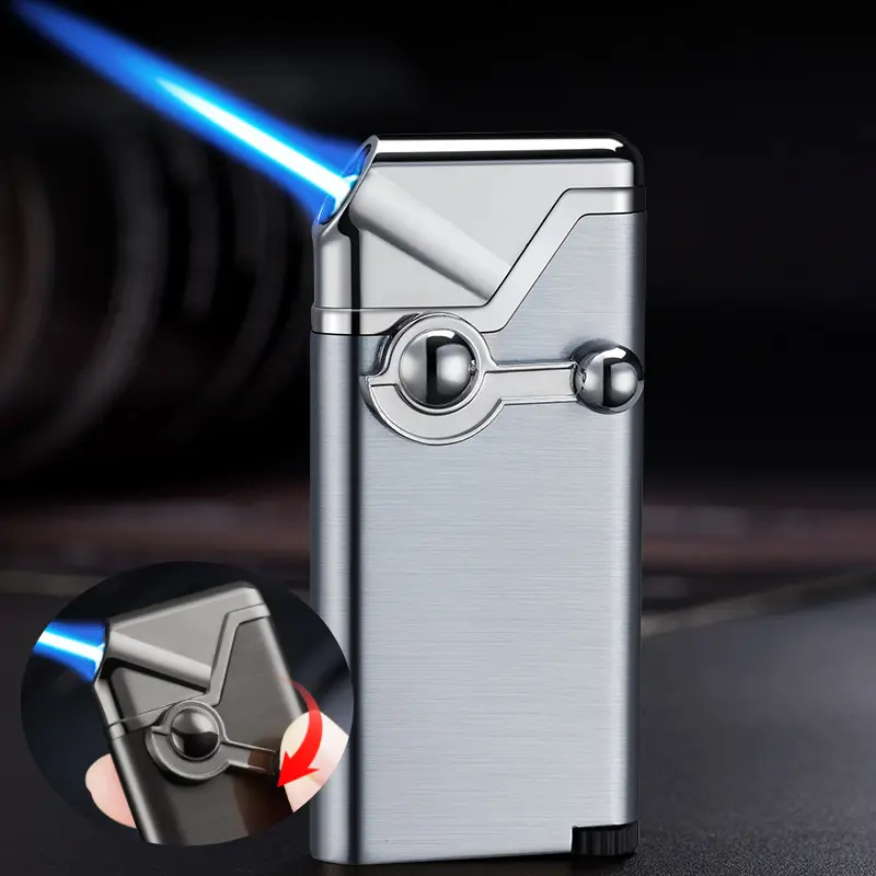 Creative Single Jet Flame Rocker Arm Inflatable Lighter Metal Cigar Pipe Lighter, Blue Torch Flame Windproof Lighter Outdoor Used for Smoking, Camping, Portable Lighter, Men'S Gift, Without Battery