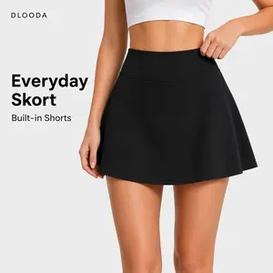 DLOODA Women's High Waist Fashion Casual Polyester Plain Skorts - Stretchy Flared Skater Mini Skirts with Shorts, Machine Washable for Golf, Tennis
