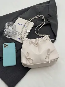 Work Bags Women, Beige PU Leather Small Bucket Bag with Chain Strap, Ruched Frill Design – Fashionable School Purse for Teens & Women