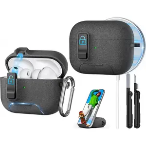AirPods Pro 3 Case Sleek Protective with Safety Lock Phone Stand Auto Pop Up Lid MagSafe Compatible 2025 3rd Gen Includes Cleaning Kit Keychain