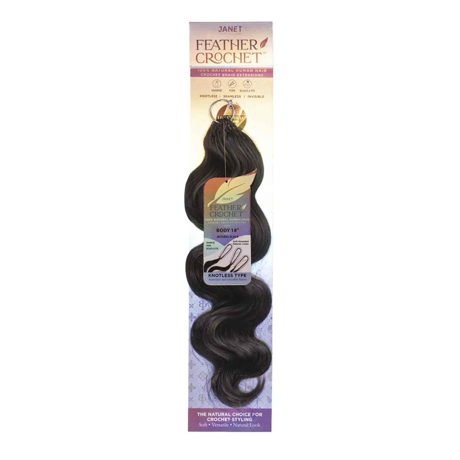 Janet Collection Natural Human Hair Feather Extensions - Crochet Braids, 18in Body Style, 50g, 40 Strands, Seamless Extensions, Perm-Friendly, Shampoo-Safe, Feather Hair Extensions