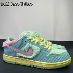Collectible Low-Cut Skateboard Sneakers, Corduroy Upper with Fluffy Green Patch Overlays, Pastel Pink Heel Fleece Trim, Soft Pastel Street Outfit Compatible, Thick Padded Insole for All-Day Walking Fatigue Relief