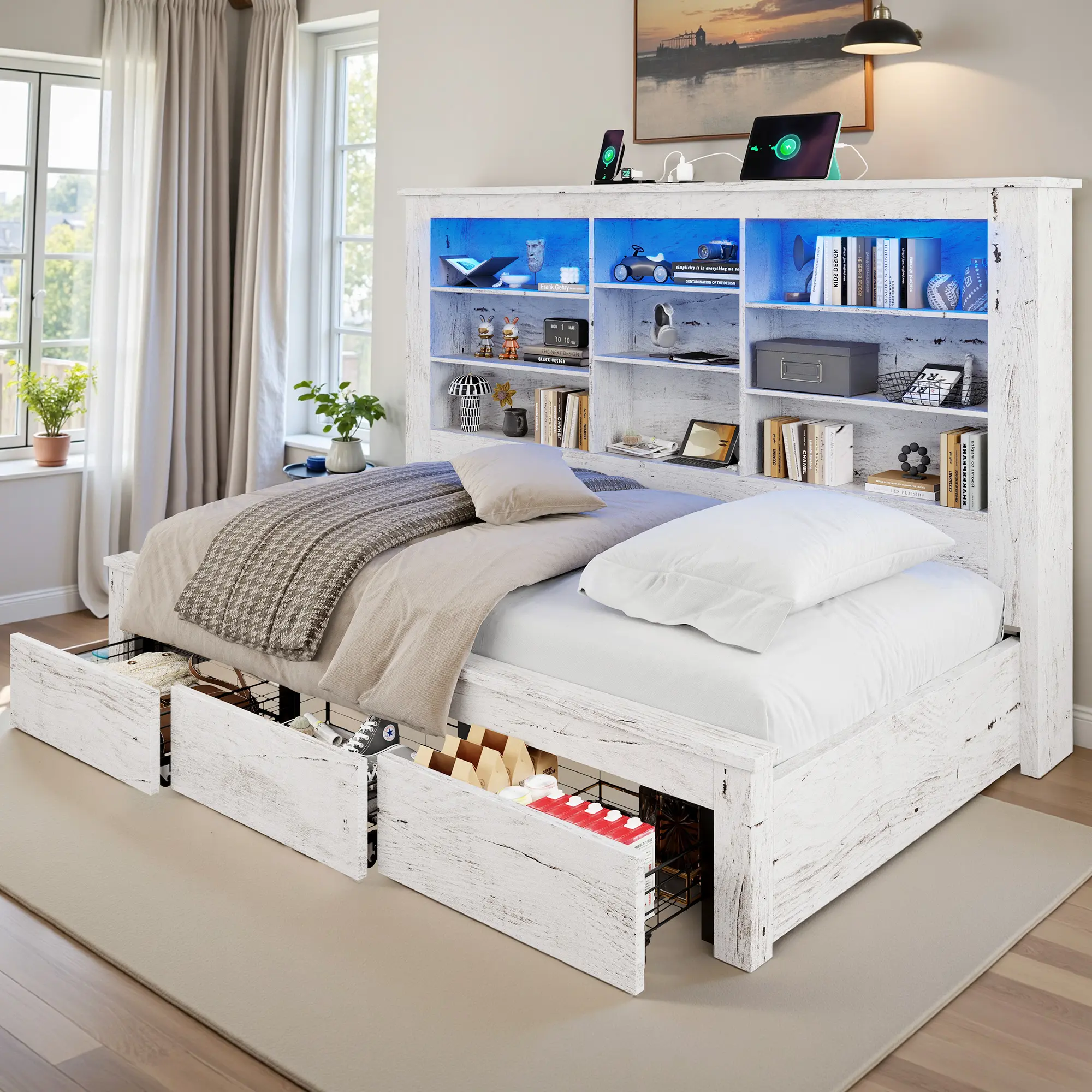 [SummerSale] ALBOTT Twin Bed Frame - Farmhouse Wood Daybed with 49" Tall Shelving Bookcase Headboard, 3 Rolling Storage Drawers, USB Charging Ports, Built-in AC Ports, RGB Sync LED Lights, 800 lb Support, No Box Spring Needed