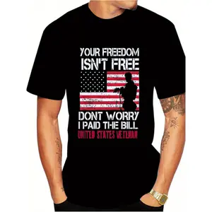 Men's 100% Patriotic American Flag T-shirt, printed with the military slogan "Your Freedom Isn't Free" - Soft, stretchy, regular fit casual T-shirt featuring red lettering, soldier silhouettes, and dog tag designs, specially designed for veterans and mili