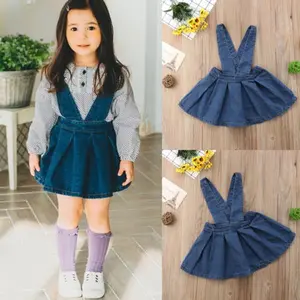 Toddler Girl Denim Suspender Skirt Pleated Jean Overall Dress Solid Color Elastic Waistband High Quality Kids Clothes