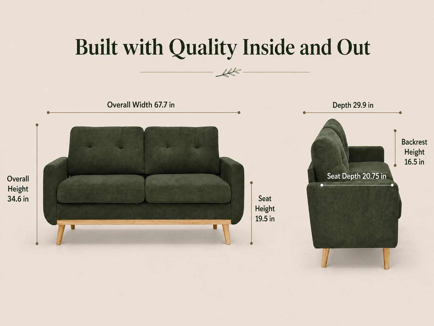 Loveseat Sofa Mid Century Modern Upholstered 2 Seat Couch with Wood Legs, Small Space Fabric Sofa for Living Room, Apartment, Bedroom, Office