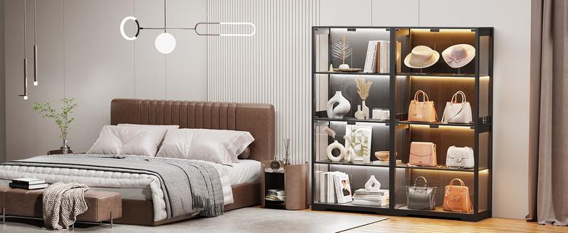 MIIFUNY Display Cabinet with Glass Doors, Storage Cabinet with 3 Color Light, 4-Tier Curio Cabinet&Bookcase for Collectibles, Toys, Books, for Playroom, Bedroom, Study Room, Black