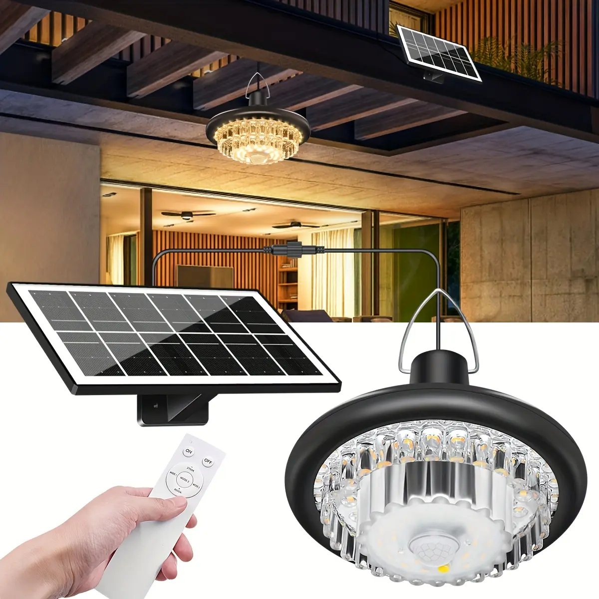 244-LED Solar Pendant Light with Motion Sensor, 360° Wide-angle Waterproof Outdoor Flood Light, 5 Modes with Remote Control, Solar Powered Lamp for Patio and Deck, Safety LED Light for Outdoor Use