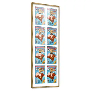 Comic Book Frame with Mat for 8 Golden Age Comics Published Between 1938 and 1956 - Bronze Wood Comic Frame With White Mat for 7.75x10.5 Comics - 20x50.5 Frame Size
