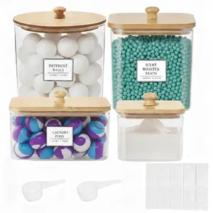 4 packs Laundry Pod Containers for Storage & Organization, Solution featuring Powder Laundry Detergent Container & dryer sheets with bamboo lids and labels.Includes scoops for powder and detergent.