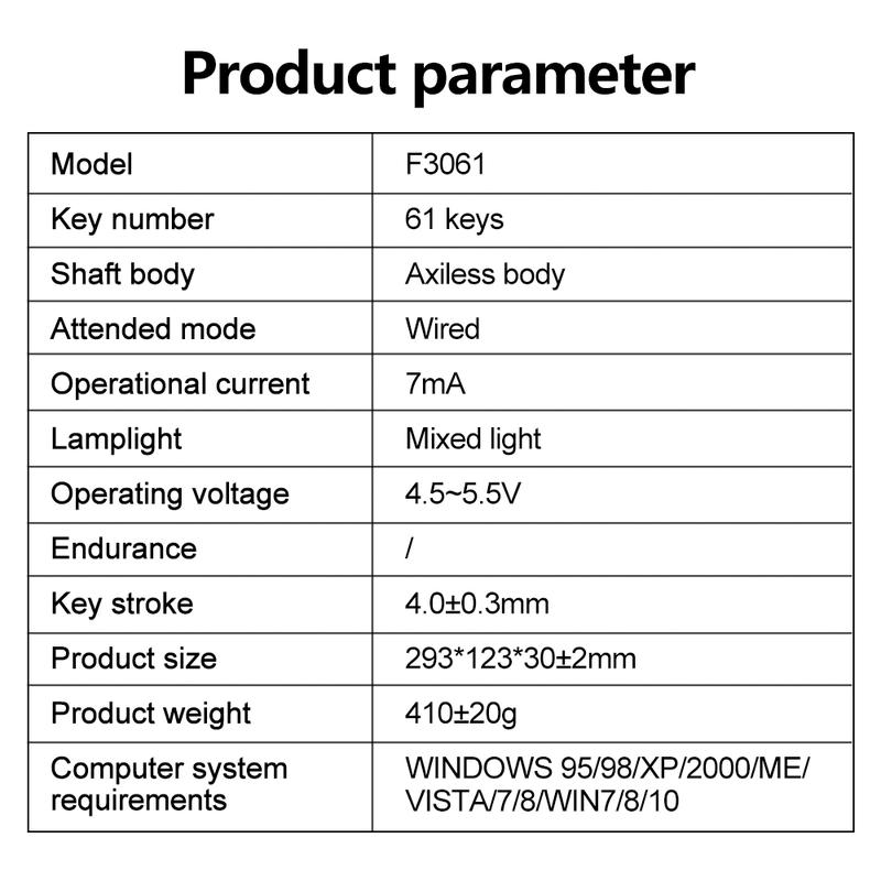 AULA F3061 mini wired keyboard, 61-key layout, plug and play, cool lighting, 22-key no impact, ergonomic design, simple and portable, compatible with Windows/Mac system equipment connection, RGB Backlit Keyboard
