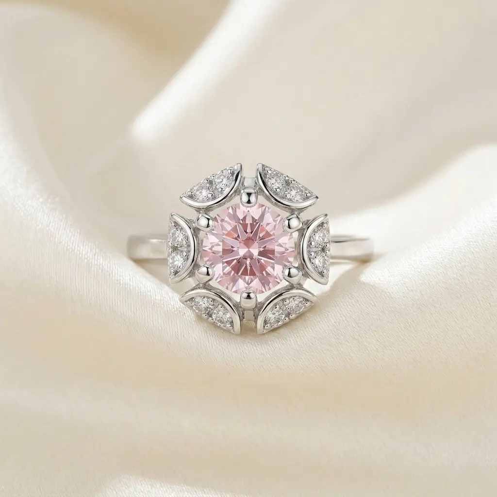 Divine Aurora Pink Blossom Floral Halo Ring
