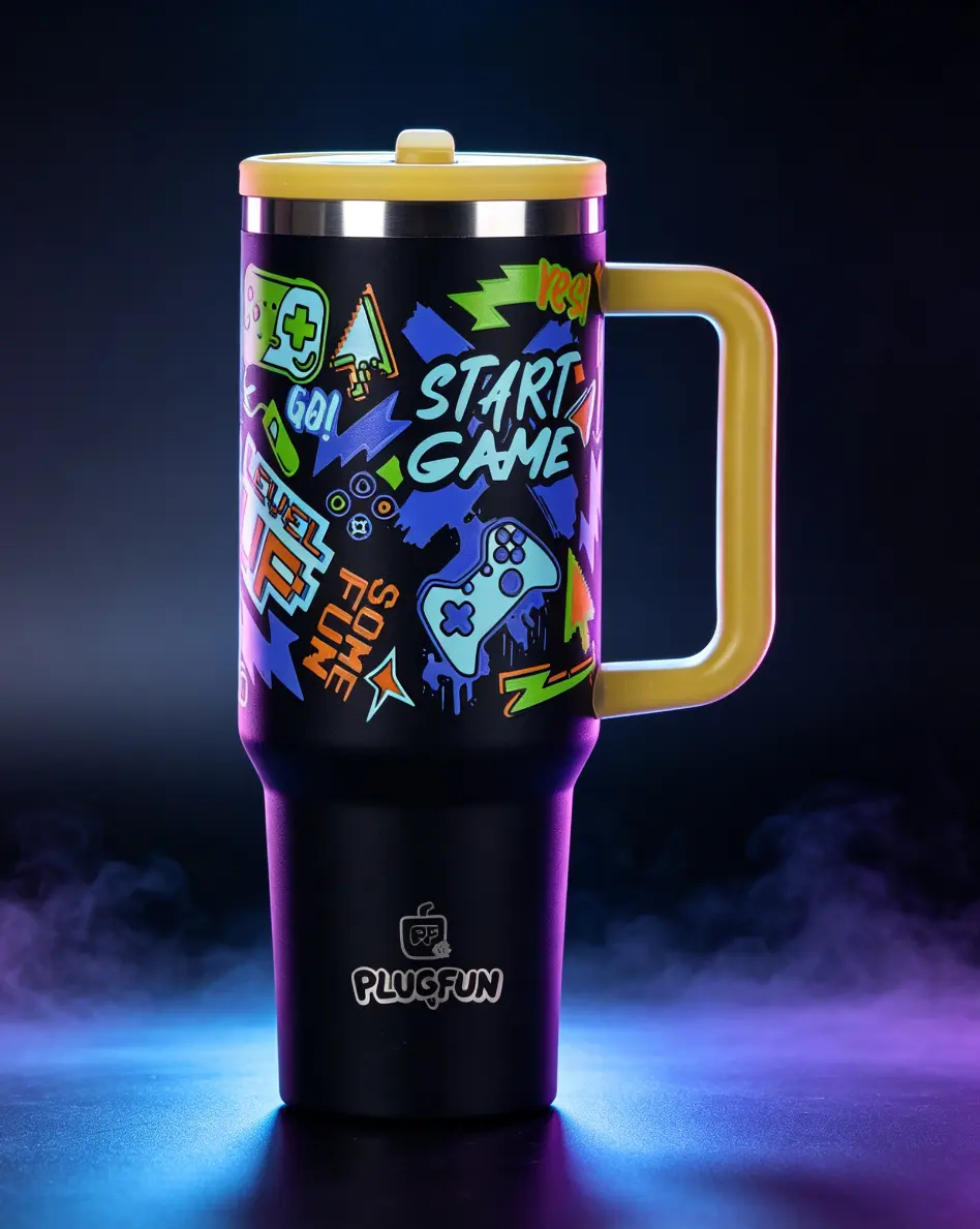 PLUGFUN 40oz Glow in the Dark Stainless Steel Tumbler with Handle, Leakproof Vacuum Insulated Travel Mug with Straw, Large Capacity BPA Free Water Bottle, Fits Most Car Cup Holders, Perfect for Home, Travel and Outdoor Activities, Great Birthday Gift