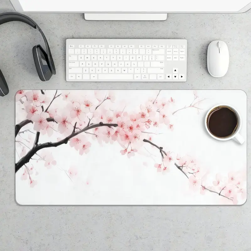 Cherry Blossom Pattern Mouse Pad, Large Gaming Mouse Pad, Non Slip Rubber Base Mousepad with Stitched Edges, Desktop Keyboard Pad for Home Office