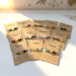 Hot Selling 12 Zodiac Natural Stone Necklace| Irregular Chip Pendant Charm Chain| Greeting Card Gift Jewelry Set