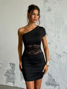 Elegant Lace Patchwork Bodycon Dress, Sexy Slim-Fitting Design, Perfect for Evening Wear, Stylish Plain Pattern, Women's Fashion