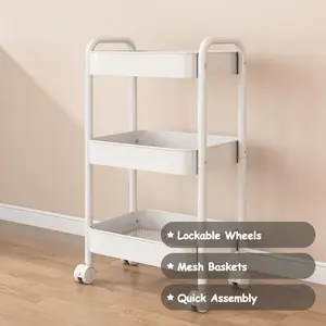 3-Tier Rolling Utility Cart with Wheels, Space-Saving Storage Organizer for Kitchen, Bathroom, Office and Dorm, Easy Assembly