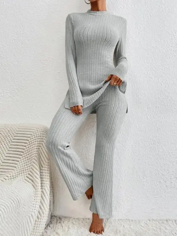 Women's Light & Thin  Rib Knit Split Mock Neck Top & Flare Leg Bell Bottom Pants Matching Pjs Loungewear Set, Pyjamas Set for Daily Wear, for Spring & Fall