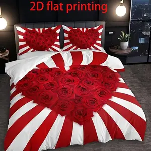 3-Piece Heart Rose Floral Bedding Set, Decorative Bedding Set, Includes 1 Duvet Cover + 2 Pillowcases, High-Definition Print, Home Dorm Use, No Core Included, Bedroom Bedding Set